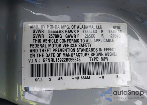 2002 Honda Odyssey Ex-L z USA, uszkodzony, nr VIN 5FNRL18922B055643